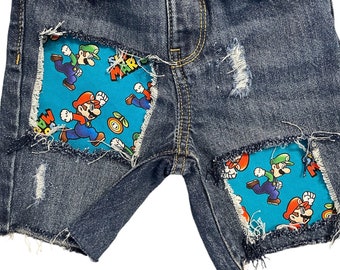 Super Mario birthday shorts Mario Luigi denim cut offs distressed