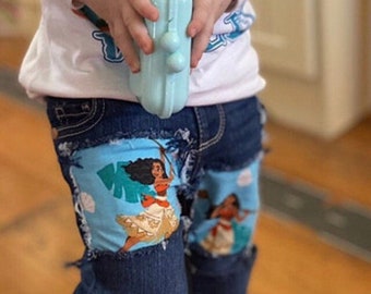 Moana girls birthday skinny jeans ripped distressed made from moana fabric