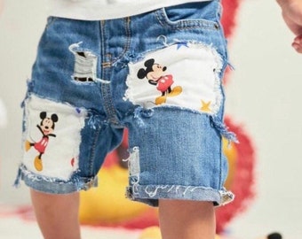 Mickey Mouse birthday shorts distressed ripped made from mickey fabric