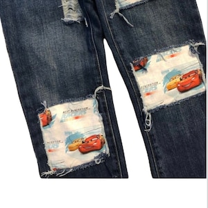 Cars boys birthday jeans shorts cars patch ripped distressed jeans lightning mcqueen