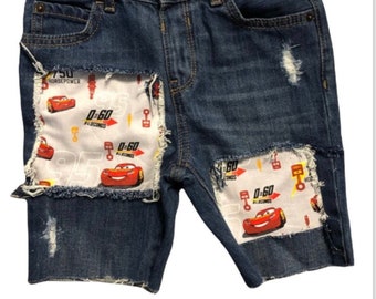 Cars boys birthday jeans cars patch ripped distressed jeans lightning mcqueen made from disney cars fabric