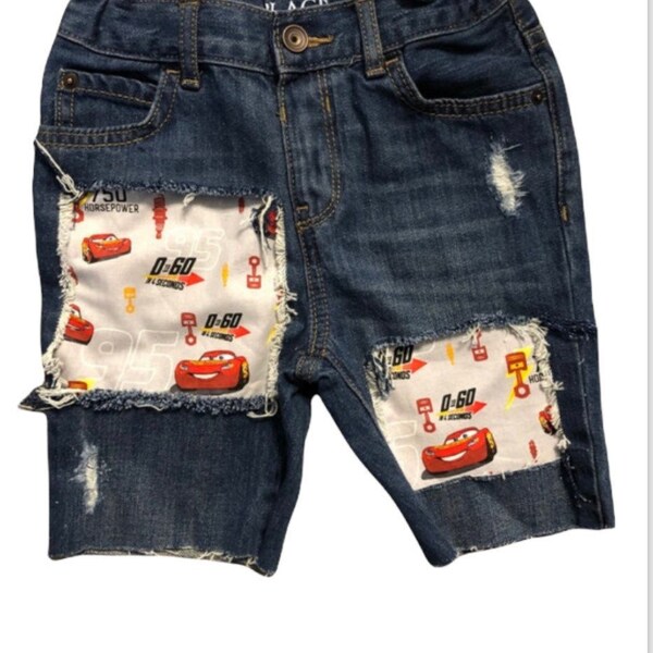 Cars boys birthday jeans cars patch ripped distressed jeans lightning mcqueen made from disney cars fabric