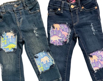Dinosaur birthday skinny jeans distressed patched girls boys toddler