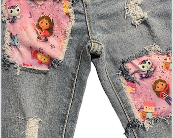 Gabby Dollhouse fabric birthday jeans out fit distressed ripped patched