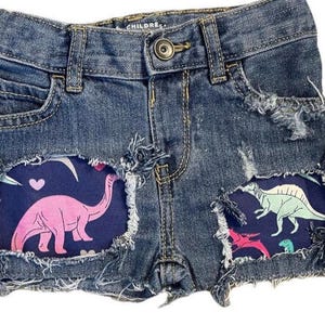 Dinosaur birthday skinny jeans shorts T REX distressed patched girls boys toddler