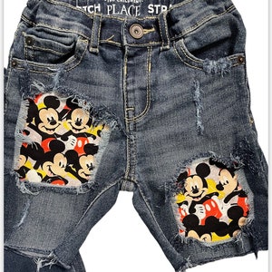 Mickey Mouse stretch skinny straight fit jeans//shorts denim distressed Mickey birthday red and black