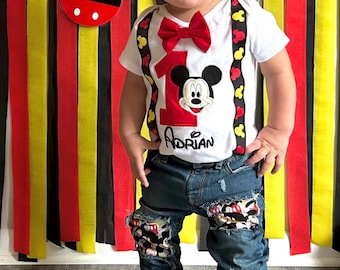 Mickey Mouse stretch skinny straight fit jeans//shorts denim distressed Mickey birthday red and black