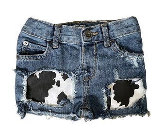 Cow print jean shorts distressed cut offs farm birthday cow farm birthday