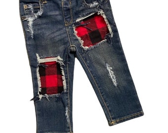 Buffalo skinny jeans unisex boys girls distressed straight fit black and red lumber jack