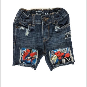 Spiderman boys birthday jeans shorts  ripped patched distressed made from Spider-Man fabric