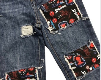 Spiderman boys birthday jeans ripped patched distressed made from Spider-Man fabric