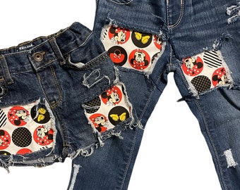 Minnie Mouse black red Minnie birthday skinny jeans shorts distressed