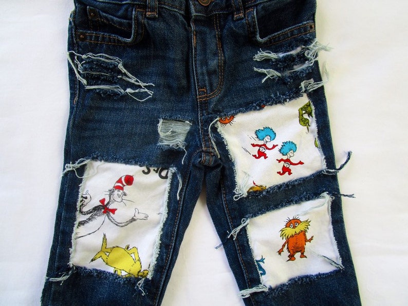 Dr Seuss birthday baby shower patch jeans distressed ripped image 1