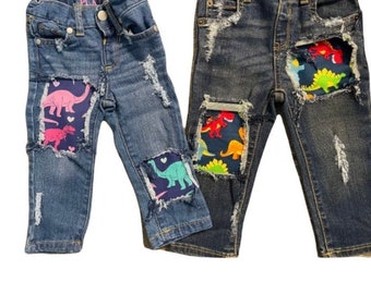 Dinosaur birthday skinny jeans distressed patched girls boys toddler