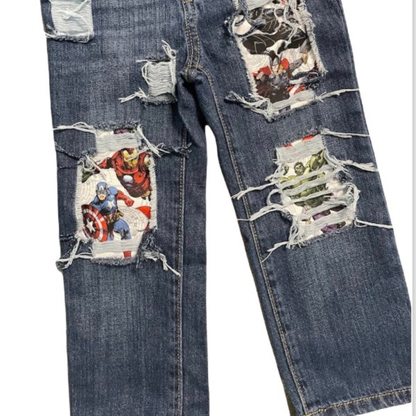 Avengers distressed birthday jeans super hero marvel hulk captain America iron man black panther toddler jeans denim