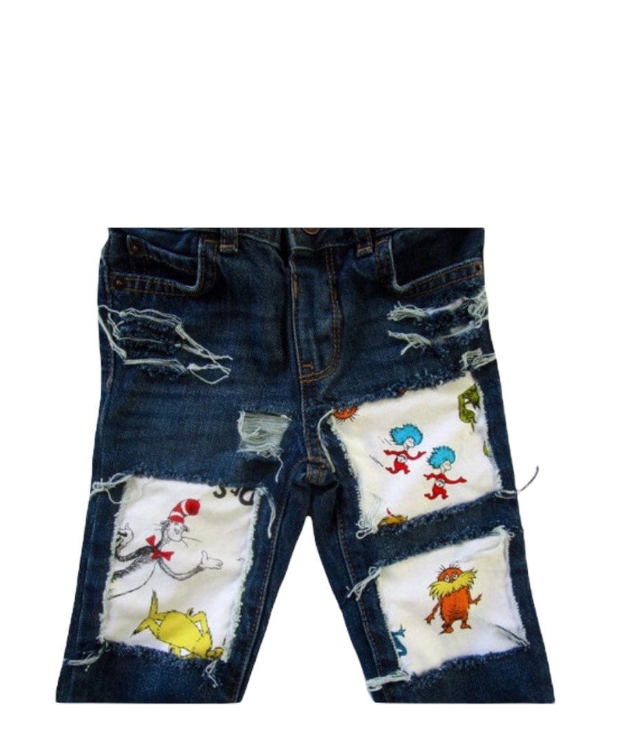Dr. Seuss Patchwork Jeans: Handmade Distressed Denim Cat in the Hat