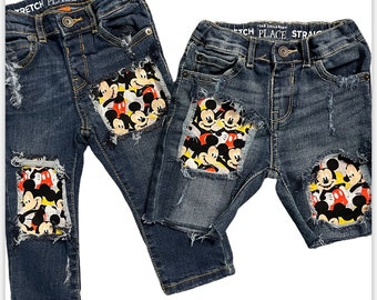 Mickey Mouse stretch skinny straight fit jeans//shorts denim distressed Mickey birthday red and black