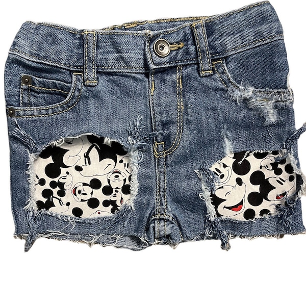 Mickey Mouse Birthday Shorts Ripped Distressed made from Mickey Mouse fabric cut offs