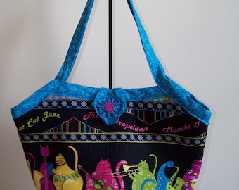 BUCKET BAG PURSE Handmade Featuring Phat Cat Jazz Print, Full lining, 4 Open Pockets And 1 Zippered Pocket