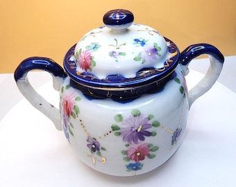 Vintage Hand Painted Floral Sugar Bowl with Lid | Blue White Cottage Ceramic Dish