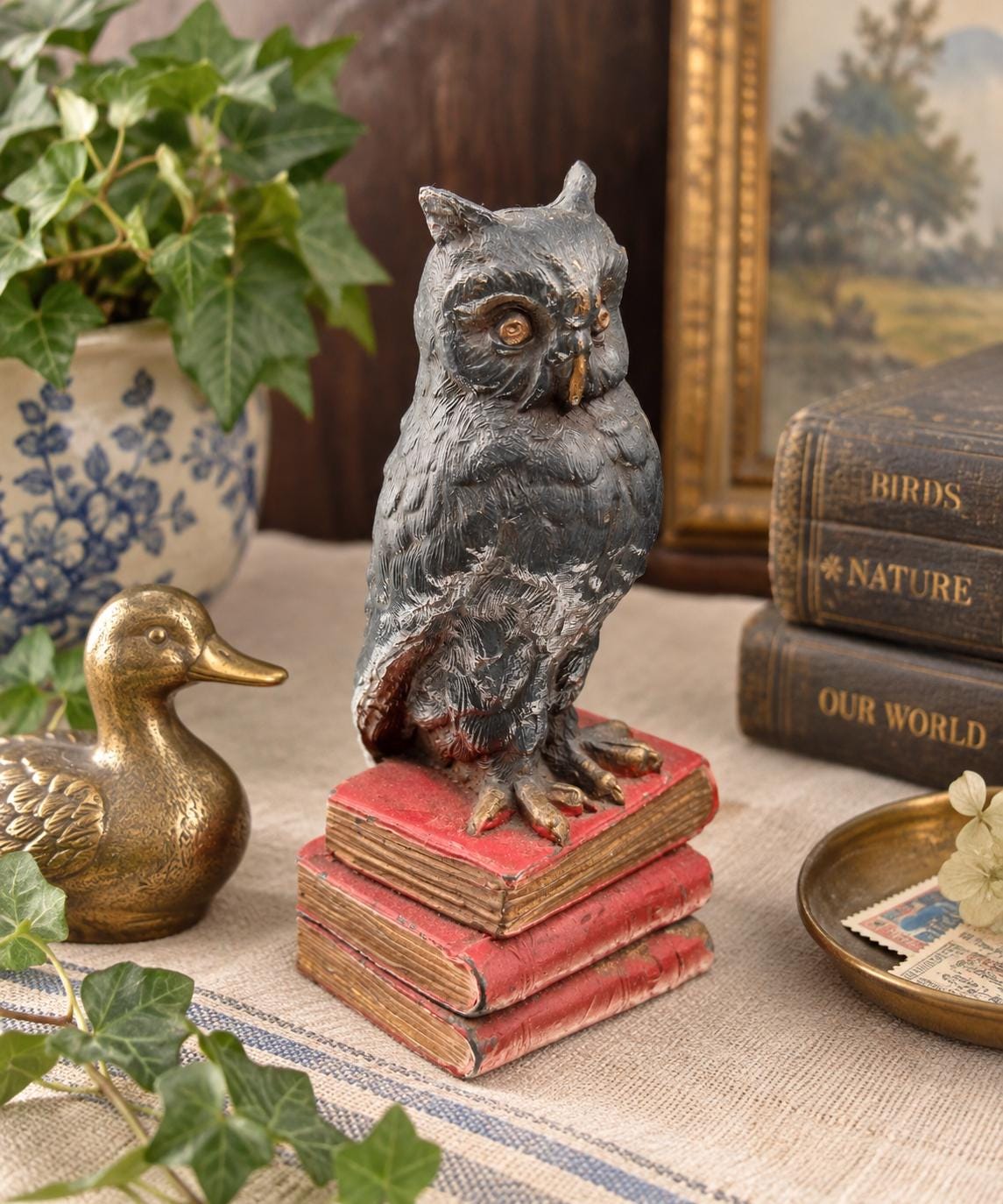 Vintage Metal Owl Figurine on Books, Detailed Owl Statue, Library Decor, Vintage Book Lover Gift