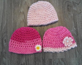 Baby hats, set of 3, handmade, 0-3 months