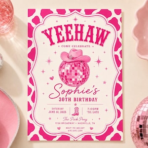 Mall för födelsedagsinbjudan till Disco Cowgirl | Rosa Cowgirl-festinbjudan | Canva-mall för västerländsk födelsedag | Yeehaw-födelsedag bild 1