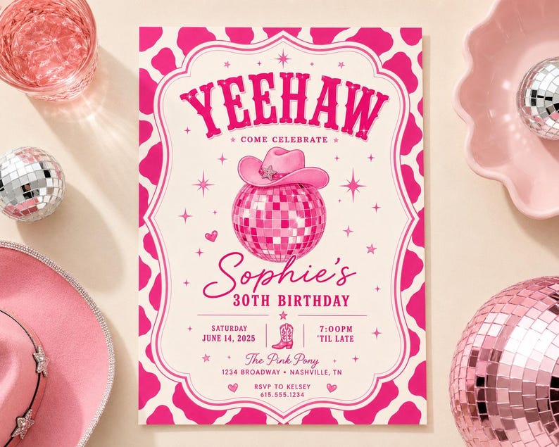 Mall för födelsedagsinbjudan till Disco Cowgirl | Rosa Cowgirl-festinbjudan | Canva-mall för västerländsk födelsedag | Yeehaw-födelsedag bild 1