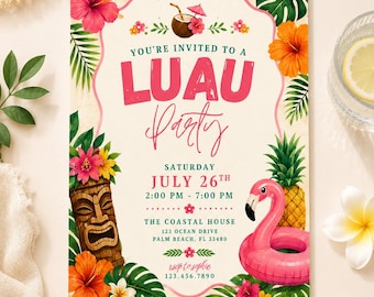 Mall för födelsedagsinbjudan till Luau | Redigerbar Canvas-inbjudan för tropisk födelsedagsfest | Digital nedladdning av Hawaiiansk Luau