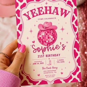 Mall för födelsedagsinbjudan till Disco Cowgirl | Rosa Cowgirl-festinbjudan | Canva-mall för västerländsk födelsedag | Yeehaw-födelsedag bild 4