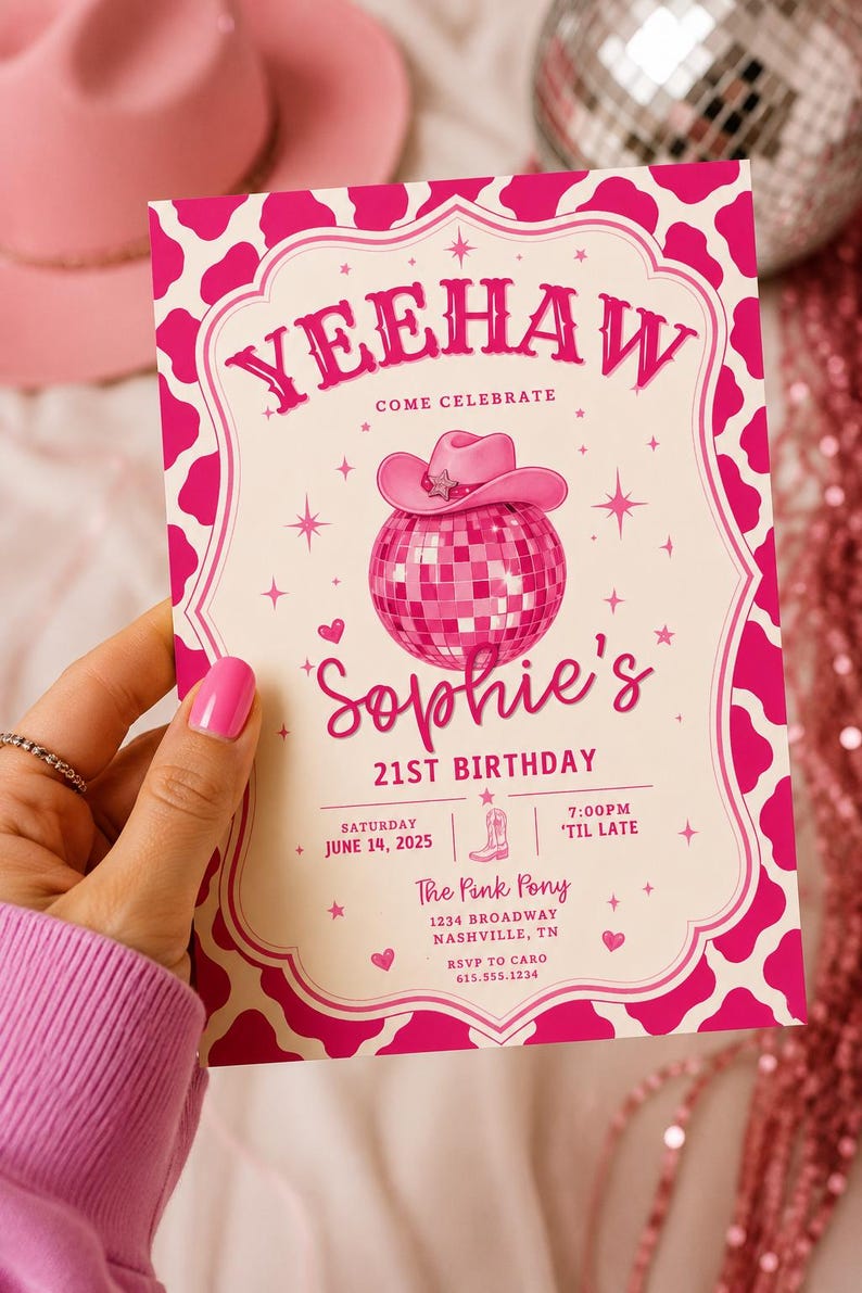 Mall för födelsedagsinbjudan till Disco Cowgirl | Rosa Cowgirl-festinbjudan | Canva-mall för västerländsk födelsedag | Yeehaw-födelsedag bild 4