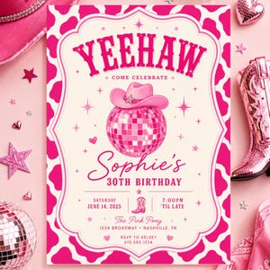Mall för födelsedagsinbjudan till Disco Cowgirl | Rosa Cowgirl-festinbjudan | Canva-mall för västerländsk födelsedag | Yeehaw-födelsedag bild 5
