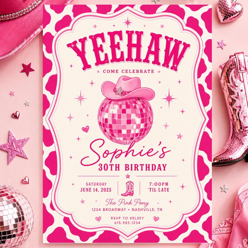 Mall för födelsedagsinbjudan till Disco Cowgirl | Rosa Cowgirl-festinbjudan | Canva-mall för västerländsk födelsedag | Yeehaw-födelsedag bild 5