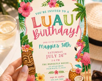 Mall för inbjudan till tropiskt Luau-party | Redigerbar Canvas-inbjudan till Hawaii-party | Digital nedladdning för sommarfirande