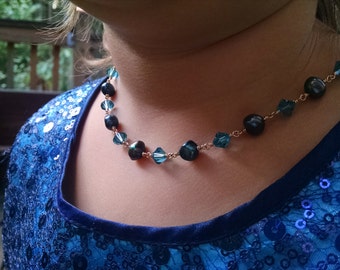 Teal Pearl and Crystal Necklace in gold fill