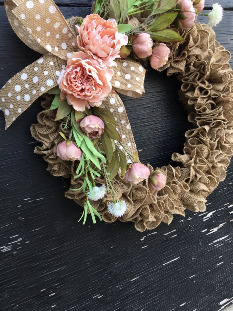Spring burlap wreathspring wreath for front doorpeony wreathpink wreathburlap front door wreathspring wreathspring farmhouse wreath