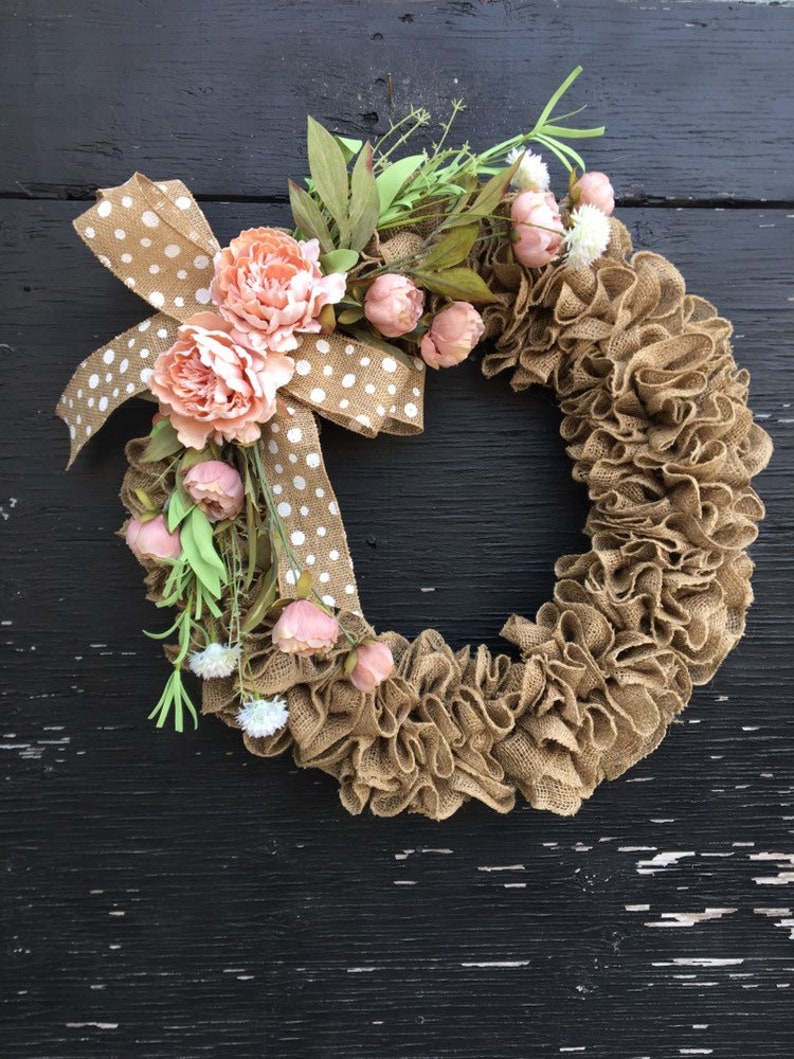 Spring burlap wreathspring wreath for front doorpeony wreathpink wreathburlap front door wreathspring wreathspring farmhouse wreath