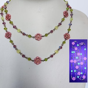 Czech rose flower, uranium and glass beads boho multicolor beaded layering long necklace
