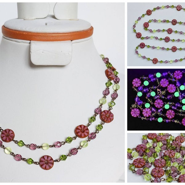Czech dark rose flower, uranium and glass beads boho multicolor beaded layering long necklace