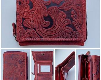 SALE New women's Real Leather flower embossed red wallet