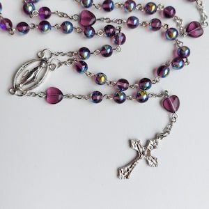 Czech amethyst purple ab heart glass beads rosary necklace