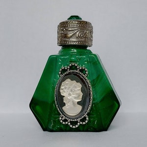 Vintage Czech handmade MALACHITE glass Cameo mini perfume bottle