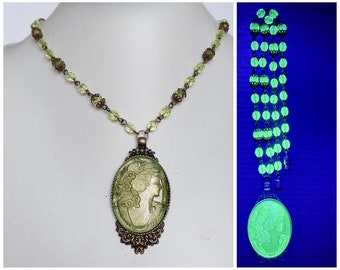 Czech vintage Cameo uranium pendant and faceted uranium beads beaded necklace