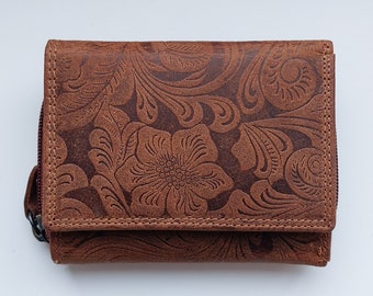 SALE New women's Real Leather flower embossed brown wallet