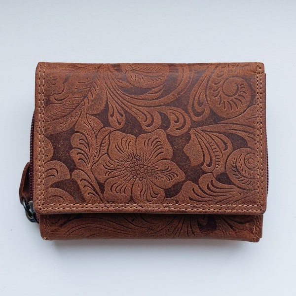 SALE New women's Real Leather flower embossed brown wallet