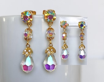 Czech vintage Preciosa ab glass drop beads dangle bridal gold tone earrings
