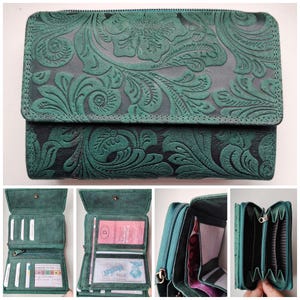 SALE New women's Real Leather flower embossed green wallet