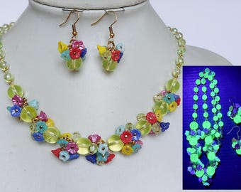 Czech vintage uranium multicolor flower chunky glass beads earrings and necklace set