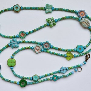 Czech multicolor flower and  butterfly glass beads boho turquoise beaded long necklace