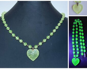 Czech uranium heart glass pendant and uranium glass beads necklace